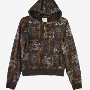Vintage South Pole Women’s Size L All Over Print Full Zip Sweatshirt Brown Hood